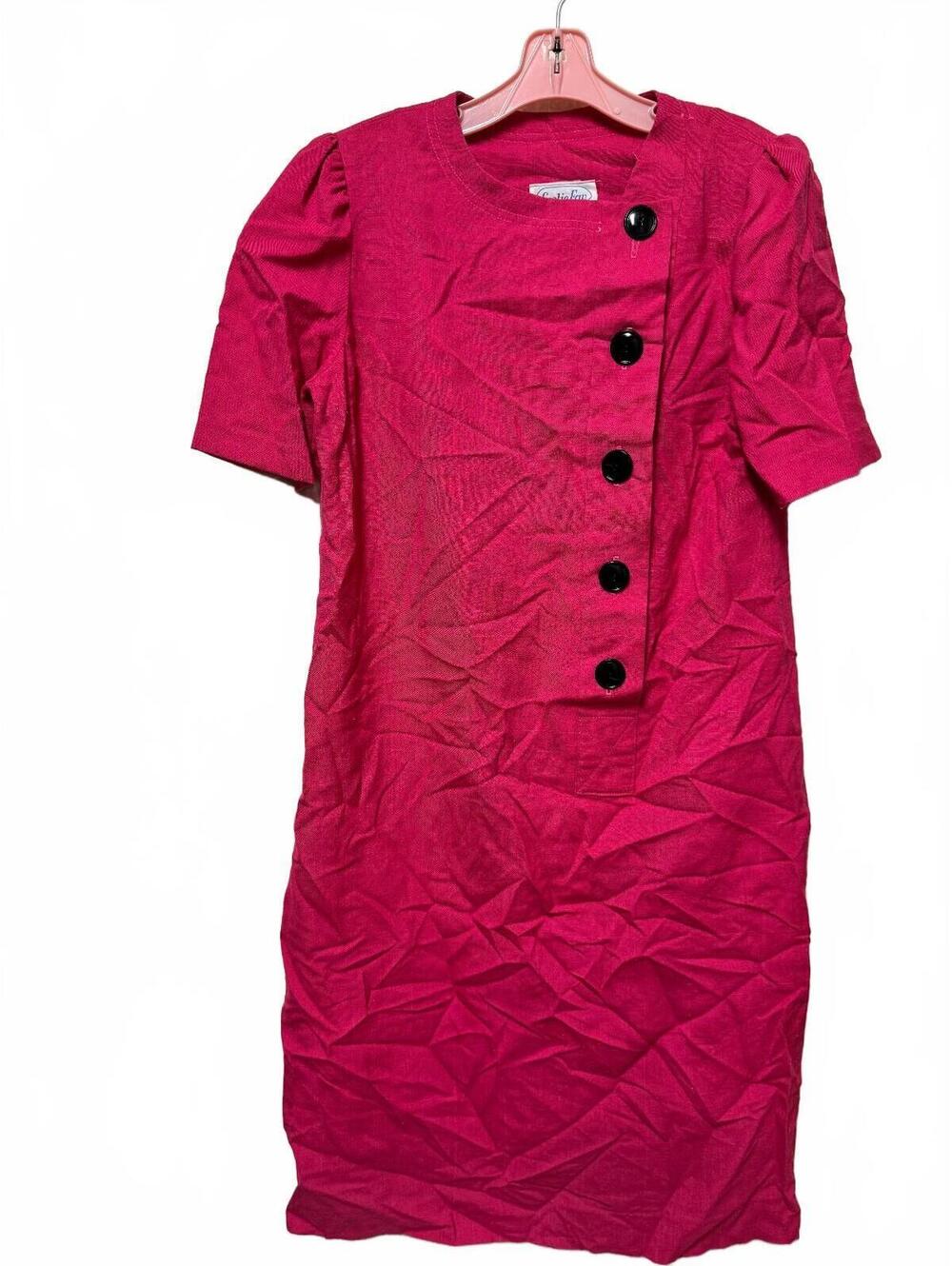 Leslie Fay Vintage Hot Pink Shift Dress Black Buttons Size 14